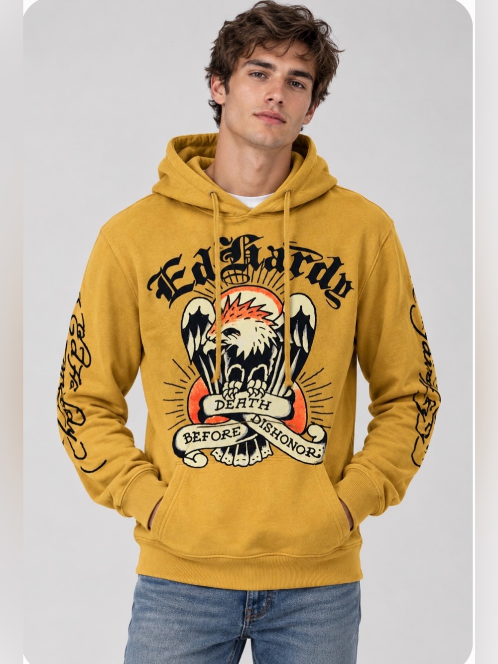 NWT Ed Hardy Death Before Dishonor Eagle Graphic Hoodie Gold Yellow Small